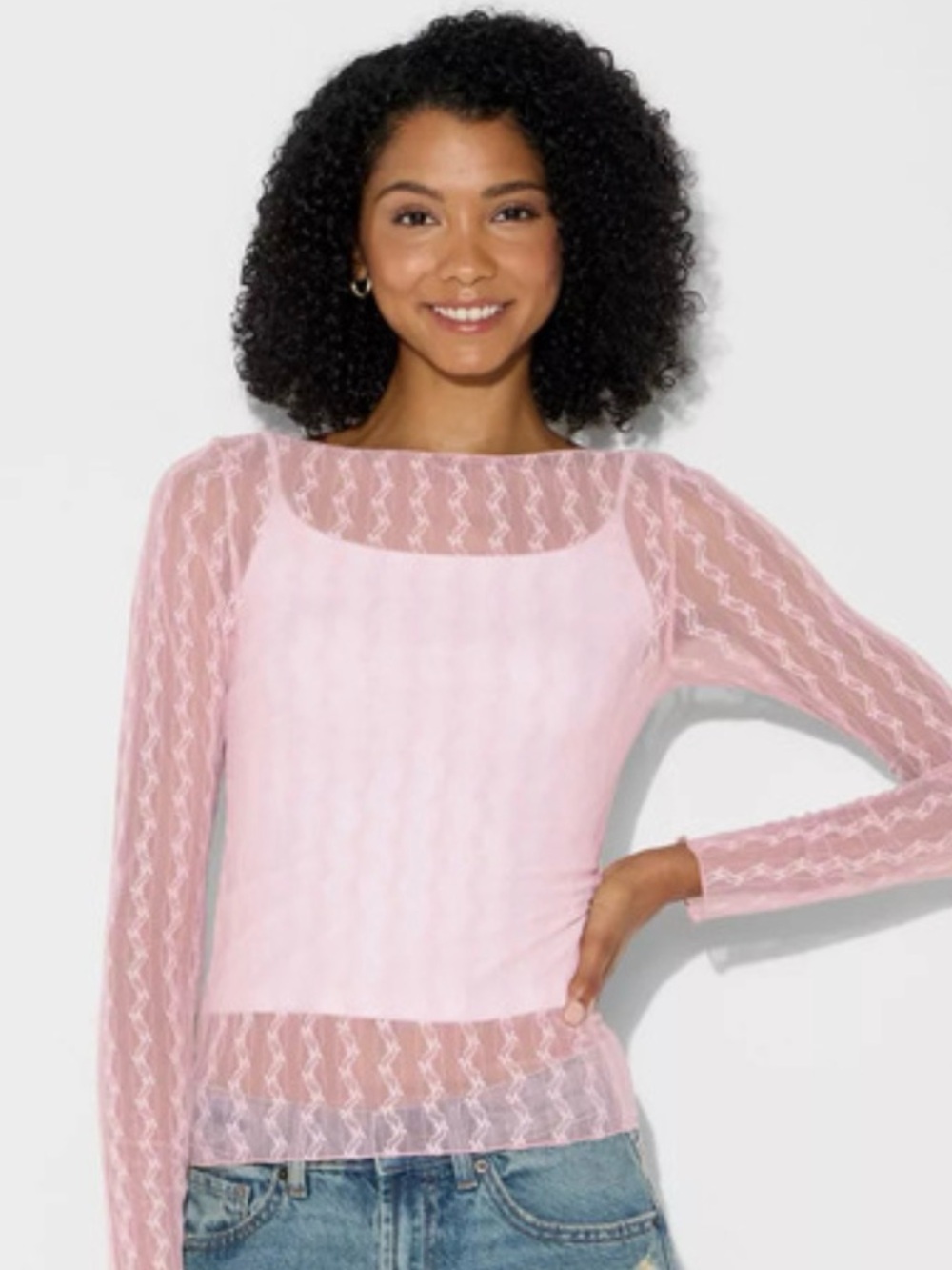 wild fable Pink Sheer Lace Long-Sleeve Top